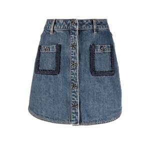 Self Portrait Skirt Button Front Pockets Embellished Blue Jean Skirt
